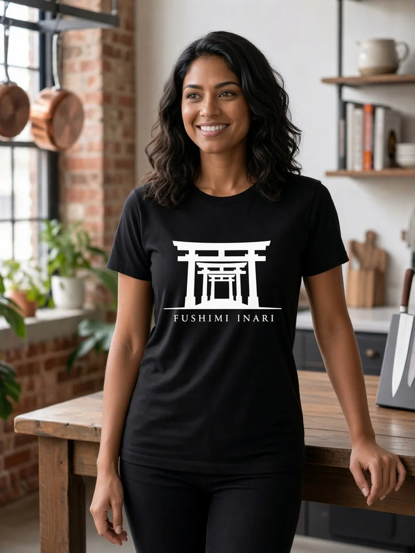 Model wearing the black Fushimi Inari Japanese shrine-gate T-shirt.
