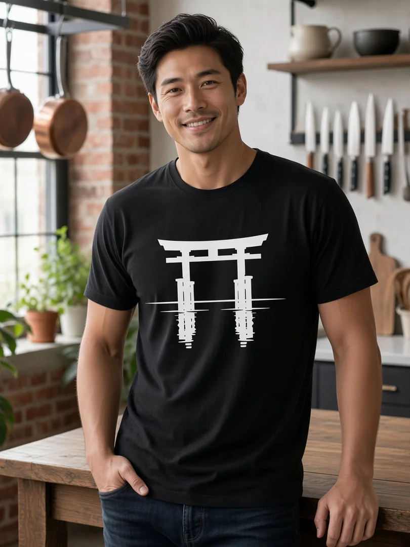 Model wearing the black Hakone Japanese shrine-gate T-shirt.