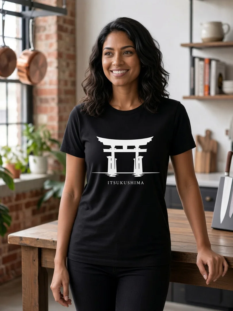 Model wearing the black Itsukushima Japanese shrine-gate T-shirt.