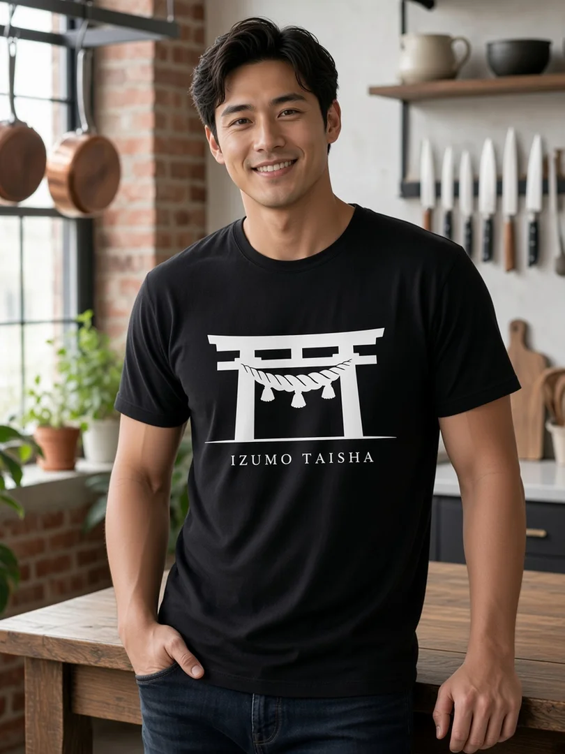 Model wearing the black Izumo Taisha Japanese shrine-gate T-shirt.
