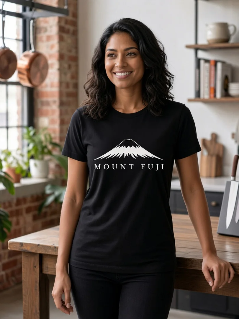 Model wearing the black Mount Fuji summit T-shirt.