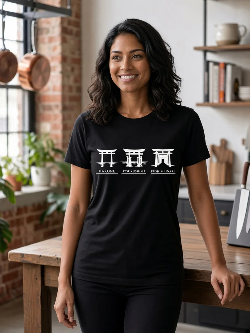 Model wearing the black Torii Trio Japanese shrine-gate T-shirt.
