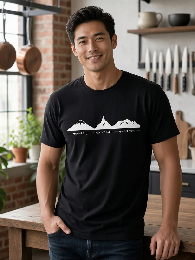 Model wearing the black Trio Summits summit T-shirt.