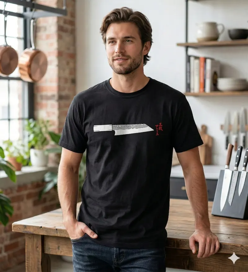 Kiritsuke Edition t-shirt on model — single Japanese kiritsuke chef knife with san mai blade pattern, red hanko stamp.