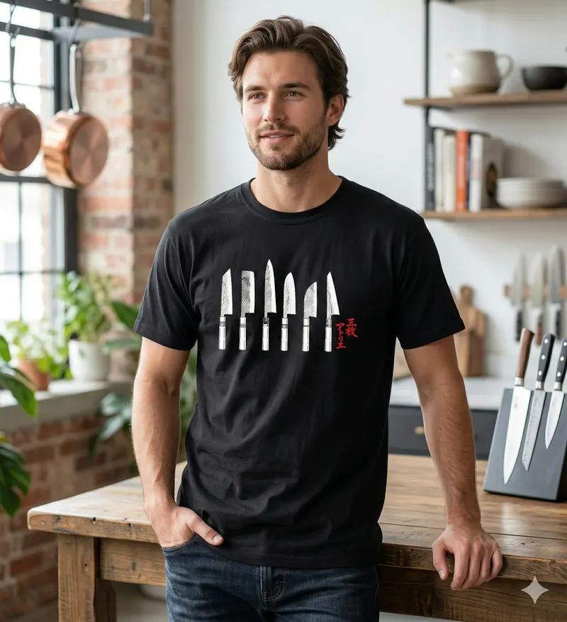 The Knife Set t-shirt on model — a study of Japanese chef knife silhouettes in fine ink lines.