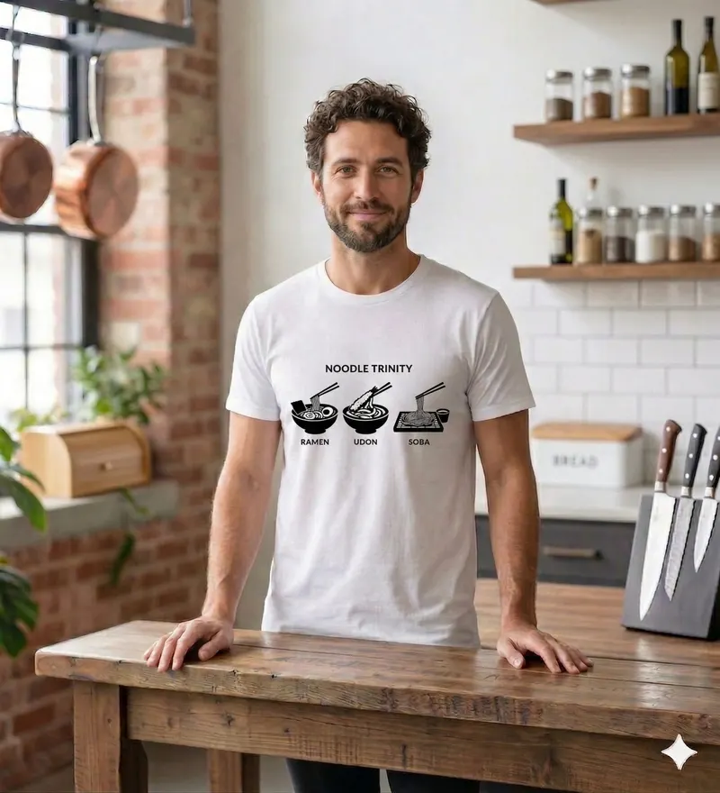 Noodle Trinity t-shirt on model — ramen, udon, and soba bowls in ink-line illustration.