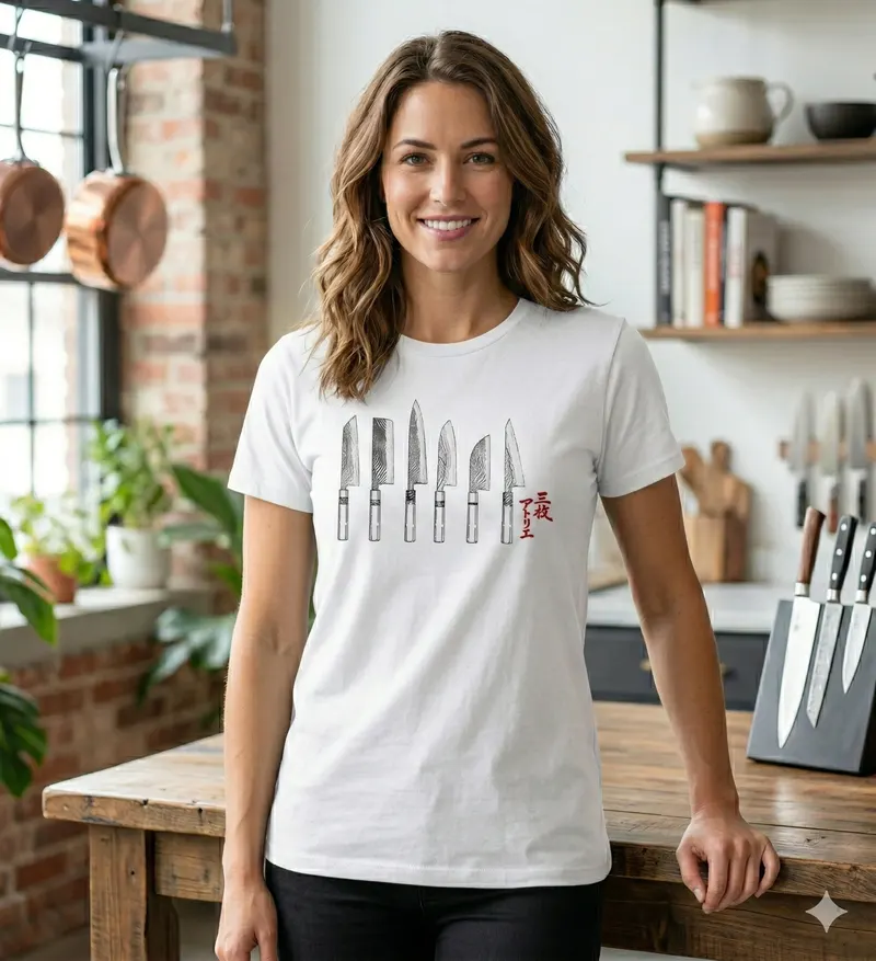 Roku Edition t-shirt on model — six Japanese chef knives fanned horizontally with san mai blade patterns and red hanko stamp.