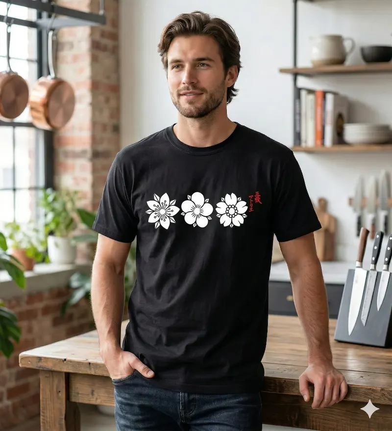Model wearing the San Mai No.1 sakura blossom t-shirt in black with three white blossoms and a red hanko stamp.